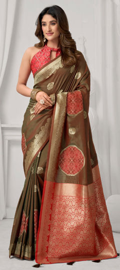 Beige and Brown color Saree in Silk fabric with Weaving work