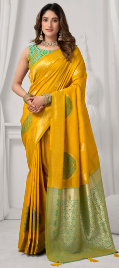 Yellow color Saree in Silk fabric with Weaving work