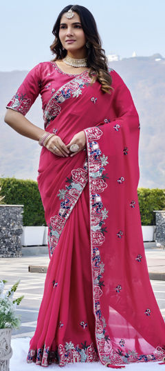 Pink and Majenta color Saree in Chiffon, Satin fabric with Embroidered, Sequence, Thread work