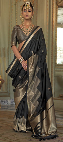 Black and Grey color Saree in Silk fabric with Weaving, Zari work