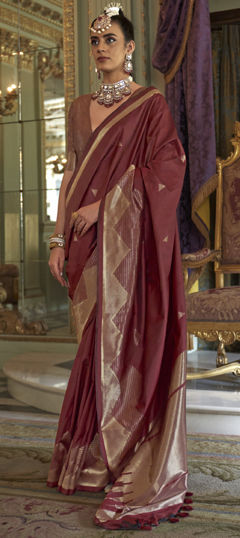 Red and Maroon color Saree in Silk fabric with Weaving, Zari work