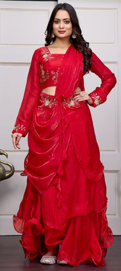 Red and Maroon color Ready to Wear Lehenga in Satin Silk, Tissue fabric with Sequence, Thread work