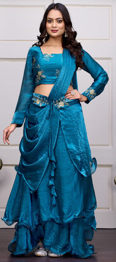 Blue color Ready to Wear Lehenga in Satin Silk, Tissue fabric with Sequence, Thread work