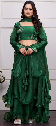 Green color Ready to Wear Lehenga in Satin Silk, Tissue fabric with Sequence, Thread work