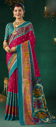 Blue, Pink and Majenta color Saree in Silk fabric with Weaving work