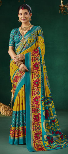 Blue, Yellow color Saree in Silk fabric with Weaving work