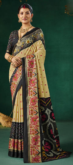 Beige and Brown, Black and Grey color Saree in Silk fabric with Weaving work