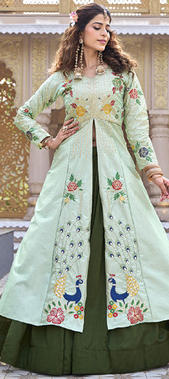 Green color Long Lehenga Choli in Silk fabric with Embroidered, Sequence, Thread work