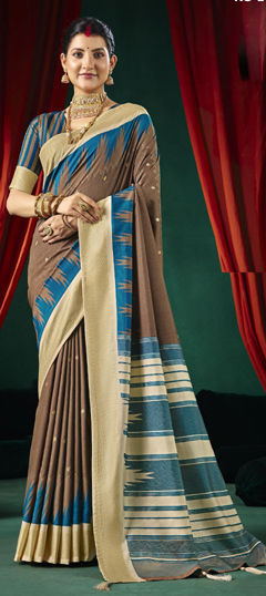 Beige and Brown color Saree in Silk fabric with Printed work