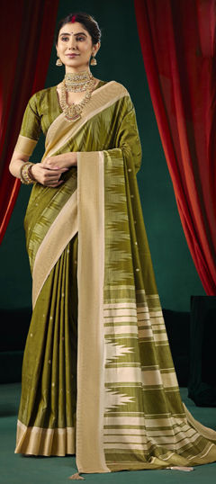 Green color Saree in Silk fabric with Printed work