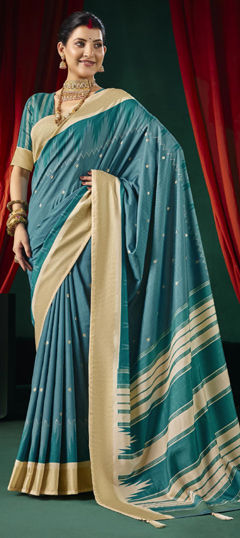 Blue color Saree in Silk fabric with Printed work