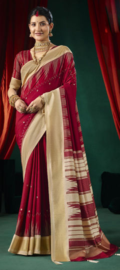 Red and Maroon color Saree in Silk fabric with Printed work