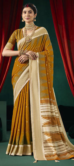 Yellow color Saree in Silk fabric with Printed work