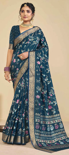 Blue color Saree in Silk fabric with Floral, Printed, Weaving work