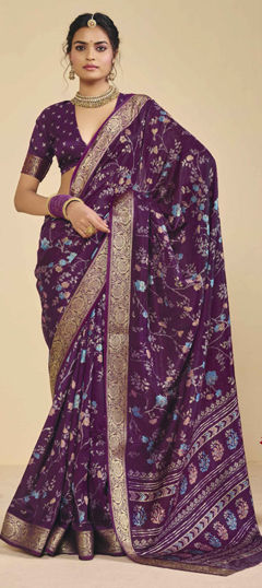 Purple and Violet color Saree in Silk fabric with Floral, Printed, Weaving work