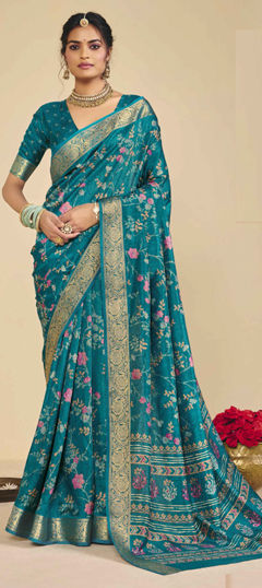 Blue color Saree in Silk fabric with Floral, Printed, Weaving work