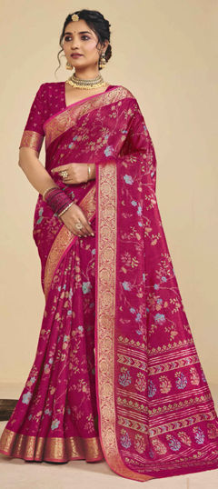 Pink and Majenta color Saree in Silk fabric with Floral, Printed, Weaving work