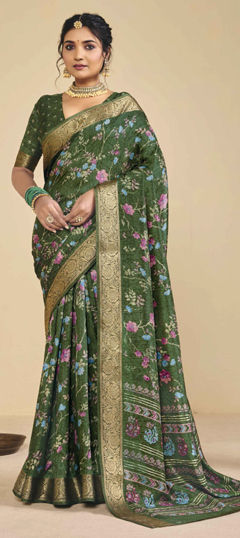 Green color Saree in Silk fabric with Floral, Printed, Weaving work