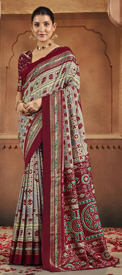 Black and Grey color Saree in Silk fabric with Printed, Weaving work