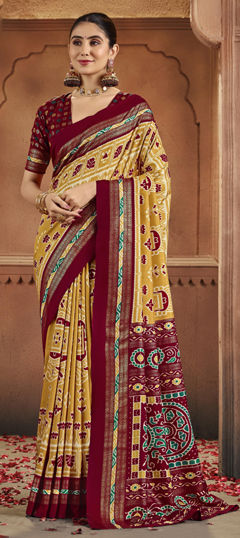 Yellow color Saree in Silk fabric with Printed, Weaving work