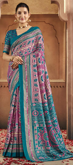 Blue, Pink and Majenta color Saree in Silk fabric with Printed, Weaving work