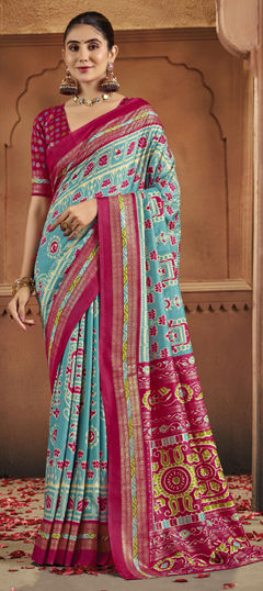 Blue color Saree in Silk fabric with Printed, Weaving work