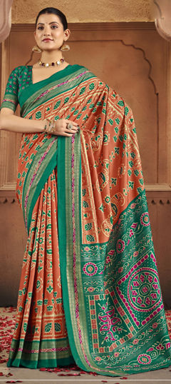 Beige and Brown color Saree in Silk fabric with Printed, Weaving work