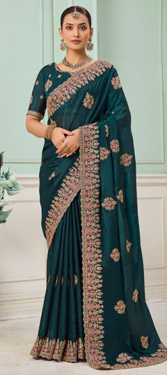 Green color Saree in Organza Silk fabric with Embroidered, Sequence, Thread, Zari work