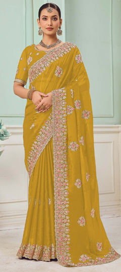 Yellow color Saree in Organza Silk fabric with Embroidered, Sequence, Thread, Zari work