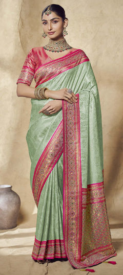 Green color Saree in Jacquard fabric with Zircon work