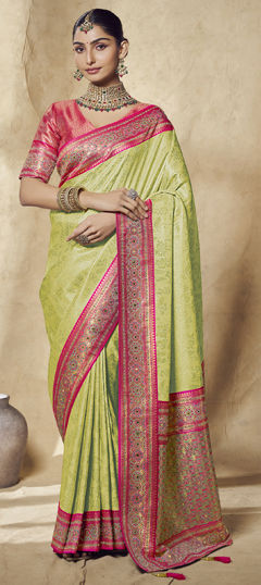 Green color Saree in Jacquard fabric with Zircon work