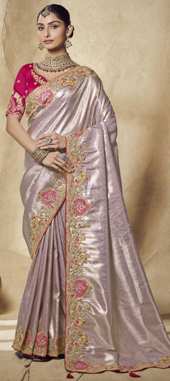 Purple and Violet color Saree in Jacquard, Silk fabric with Embroidered, Sequence, Thread work