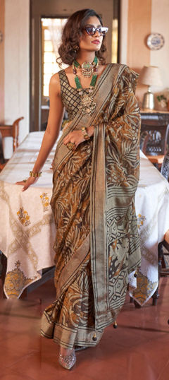 Beige and Brown color Saree in Georgette fabric with Printed work