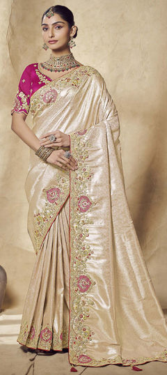 Beige and Brown color Saree in Jacquard, Silk fabric with Embroidered, Sequence, Thread work