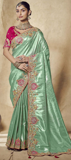 Green color Saree in Jacquard, Silk fabric with Embroidered, Sequence, Thread work