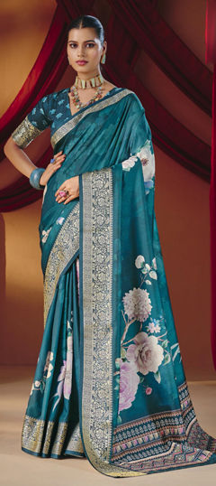 Blue color Saree in Silk fabric with Digital Print, Floral, Weaving work