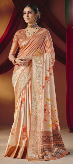 Beige and Brown color Saree in Silk fabric with Digital Print, Floral, Weaving work