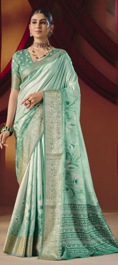 Green color Saree in Silk fabric with Digital Print, Floral, Weaving work