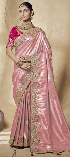 Pink and Majenta color Saree in Jacquard, Silk fabric with Embroidered, Sequence, Thread work