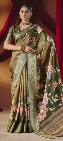 Green color Saree in Silk fabric with Digital Print, Floral, Weaving work