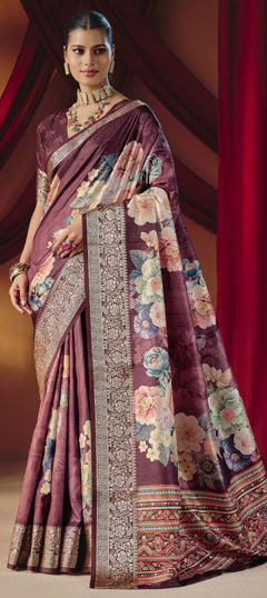 Pink and Majenta color Saree in Silk fabric with Digital Print, Floral, Weaving work