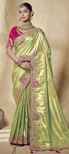 Green color Saree in Jacquard, Silk fabric with Embroidered, Sequence, Thread work