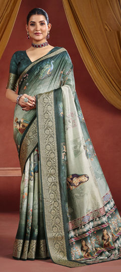 Green color Saree in Silk fabric with Digital Print, Weaving work