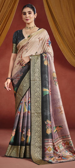 Beige and Brown color Saree in Silk fabric with Digital Print, Weaving work