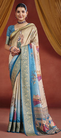 Beige and Brown, Blue color Saree in Silk fabric with Digital Print, Weaving work