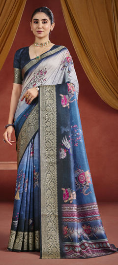 Beige and Brown, Blue color Saree in Silk fabric with Digital Print, Weaving work