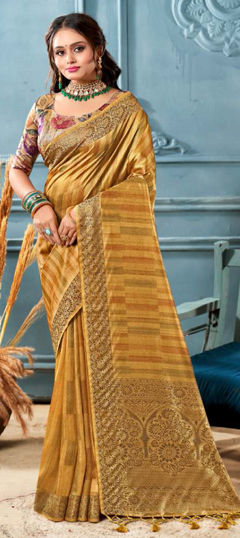 Yellow color Saree in Tussar Silk fabric with Weaving work