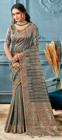 Black and Grey color Saree in Tussar Silk fabric with Weaving work