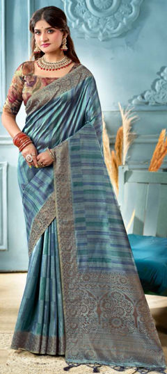 Blue color Saree in Tussar Silk fabric with Weaving work