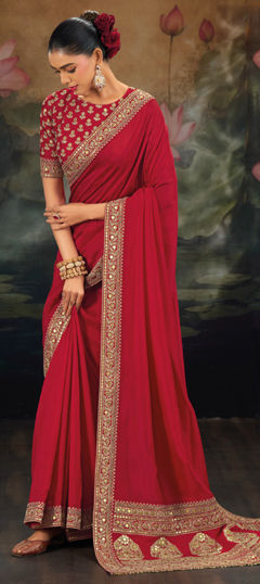 Red and Maroon color Saree in Silk fabric with Sequence, Zari work